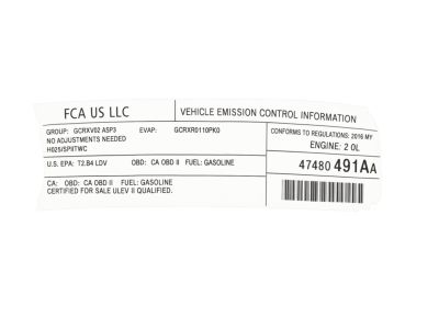 Mopar 47480491AA Label-Vehicle Emission Control In 47480491AA Mopar Label-Vehicle Emission Control In Product Photo 1 of 1