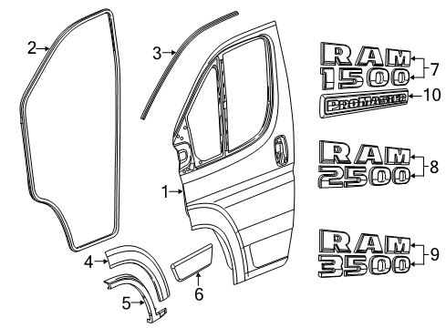 2023 Ram ProMaster 1500 Door & Components, Exterior Trim Diagram 2