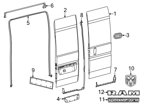 2023 Ram ProMaster 1500 Door & Components, Exterior Trim Diagram 1