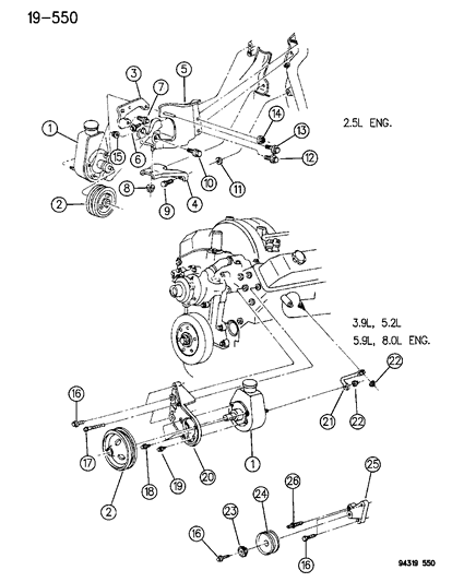 1996 Dodge Ram Wagon Pump Mounting & Pulley Power Steering Diagram