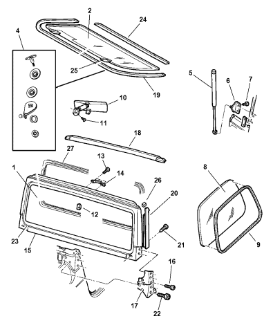 Glass, Windshield, Backlite, Quarter Windshield Frame, Hinges - 1997 ...